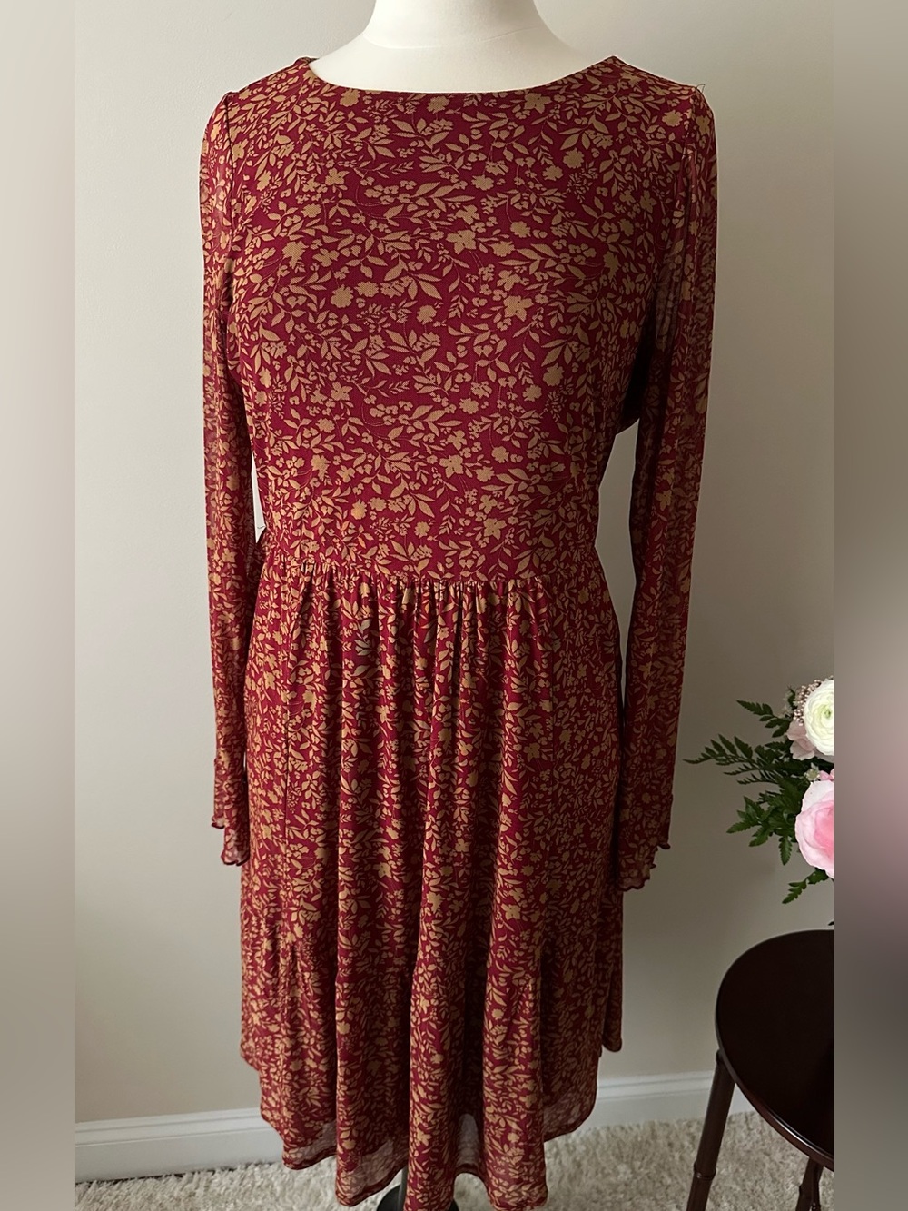 torrid Burgundy Long-Sleeve Floral Fit-and-Flare Dress